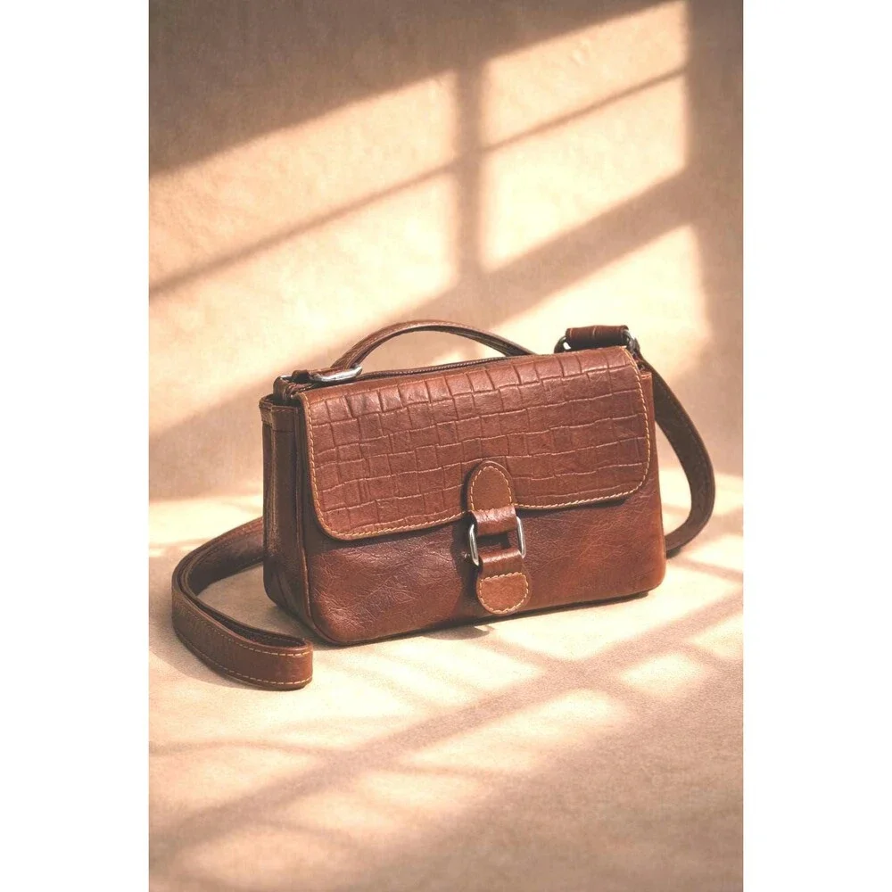 Vintage Jack Georges Brown Leather Crossbody Bag – Woven Embossed Flap Shoulder